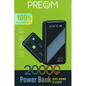 PRECOM 20000mAh Power Bank – Fast Charging Portable Battery Pack, Built-in Cables, LED Display, Slim & Lightweight, Universal Mobile Charger for Android & iPhone (Real Capacity)