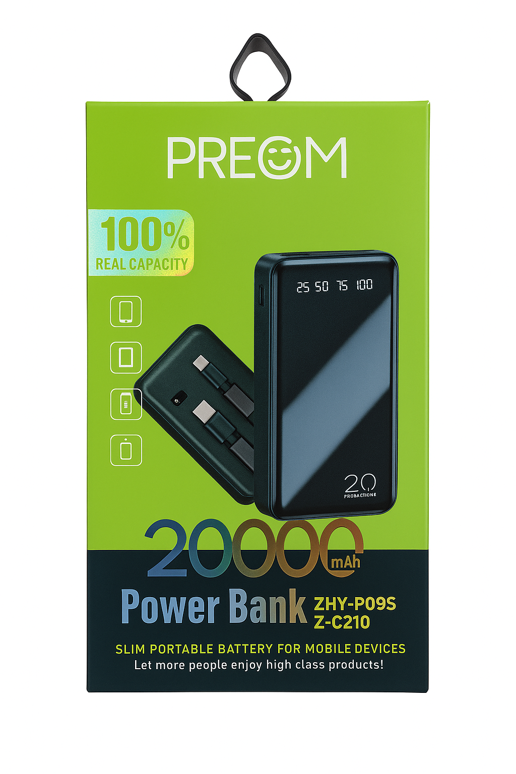 PRECOM 20000mAh Power Bank – Fast Charging Portable Battery Pack, Built-in Cables, LED Display, Slim & Lightweight, Universal Mobile Charger for Android & iPhone (Real Capacity)