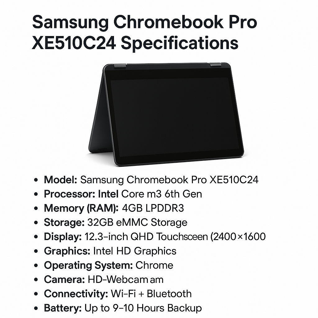 Samsung Chromebook Pro XE510C24 – 12.3” QHD Touchscreen, Intel Core m3 6th Gen, 4GB RAM, 32GB eMMC, 360° Convertible 2-in-1 Laptop, Intel HD Graphics, Chrome OS, WiFi + Bluetooth, Long Battery Backup - Image 3