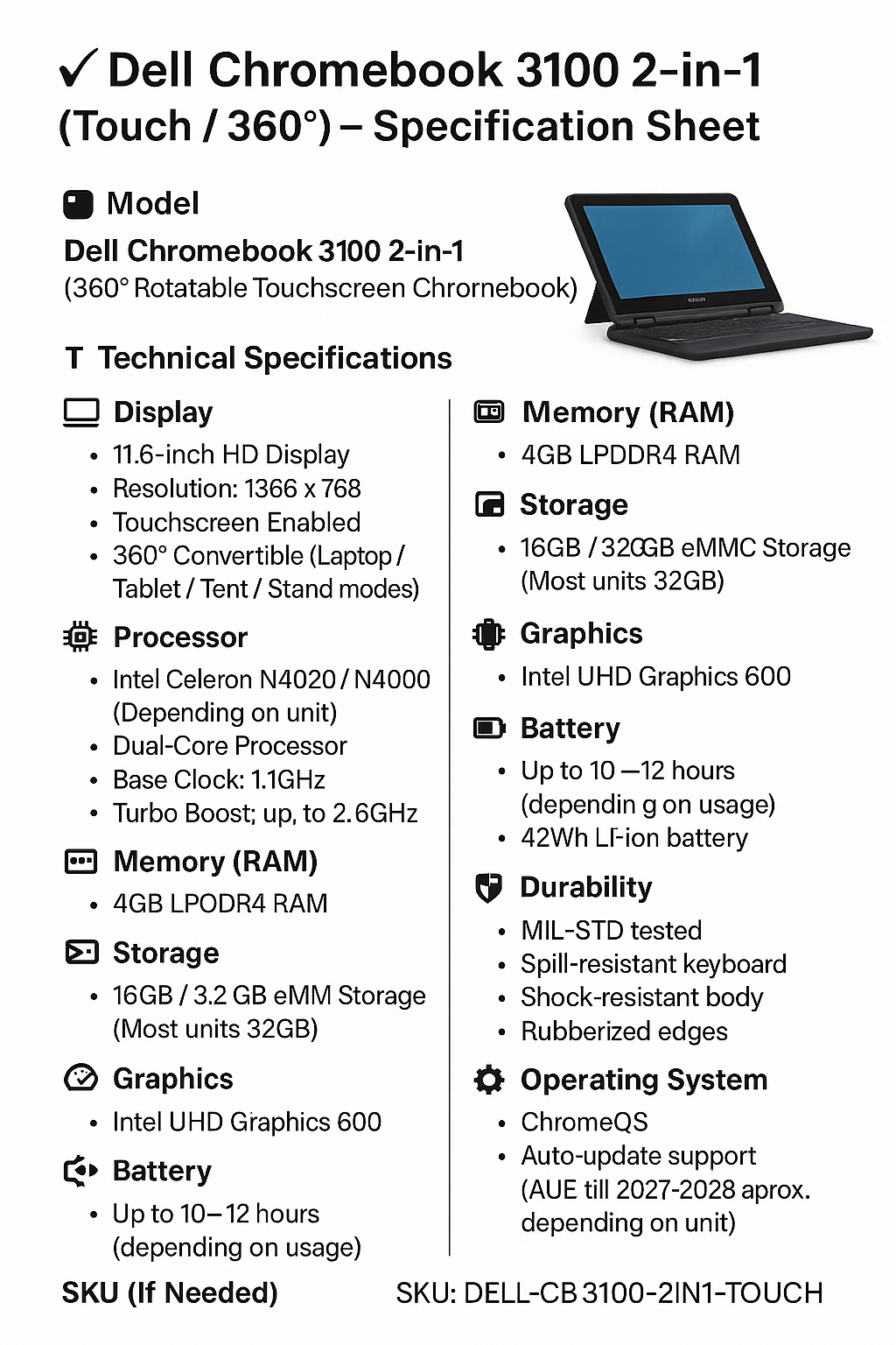 Dell Chromebook 3100 2-in-1 Touch – 11.6” HD Convertible Laptop (360°), Intel Celeron N4020/N4000, 4GB RAM, 32GB eMMC, Intel UHD 600, MIL-STD Durable, Long Battery, Chrome OS – School & Office Use - Image 3
