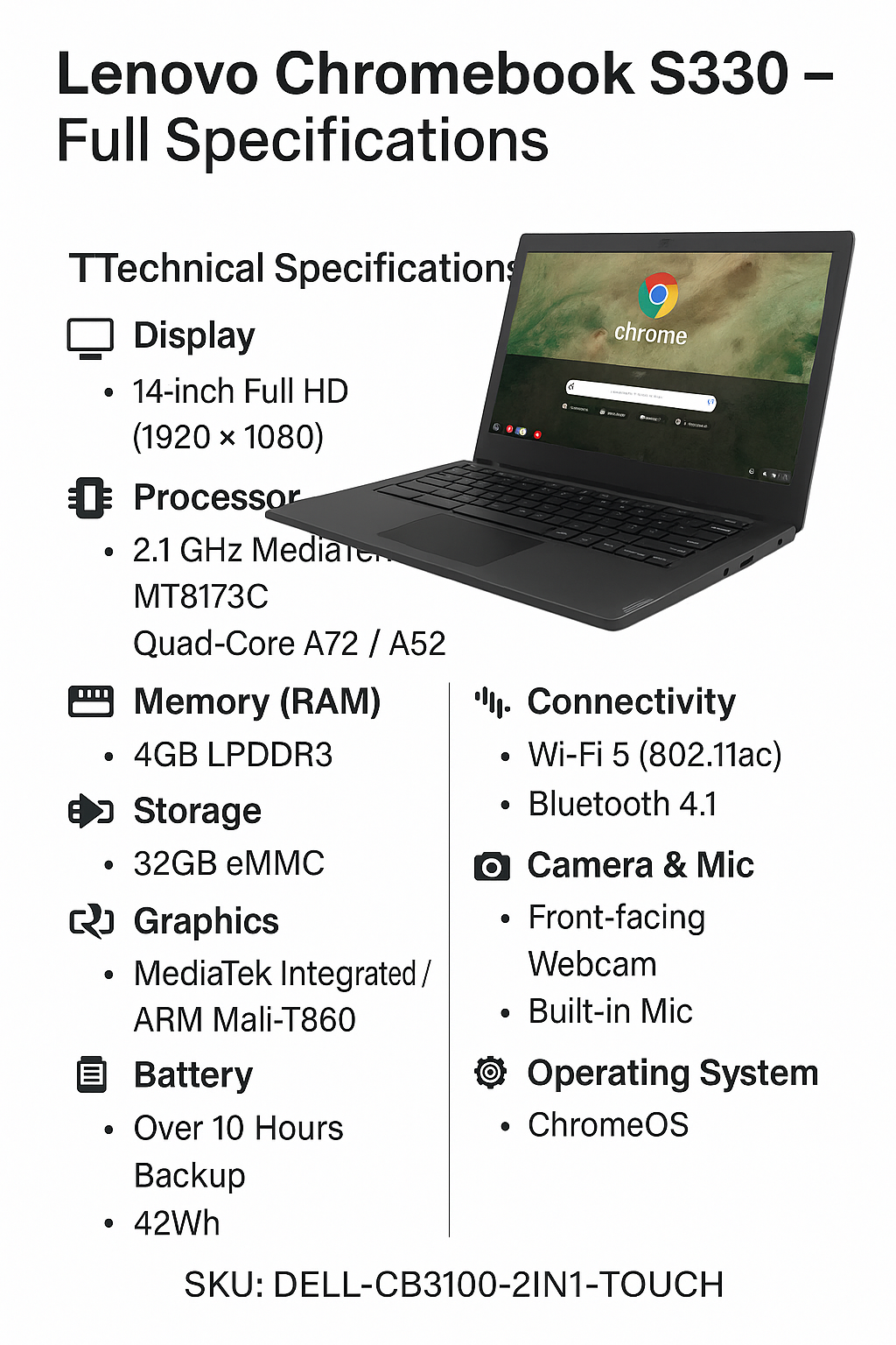 Lenovo Chromebook S330 – 14” Full HD (1080p), MediaTek MT8173C Quad-Core, 4GB RAM, 32GB eMMC, Chrome OS Laptop, Wi-Fi 5, Bluetooth 4.1, Long Battery, Lightweight Notebook for School & Office - Image 3