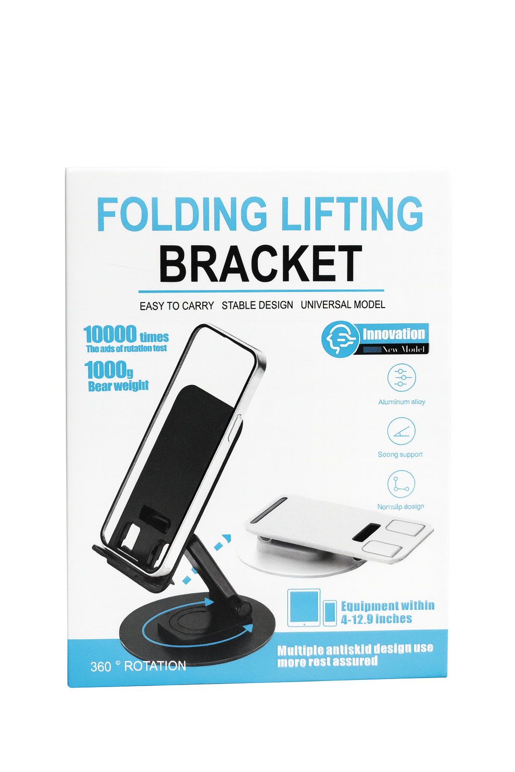 Folding Lifting Phone & Tablet Stand – Adjustable Height, 360° Rotation, Aluminum Alloy, Anti-Slip Base, Universal Holder for Devices 4–12.9 Inches, Portable Desk Stand for Mobile & iPad